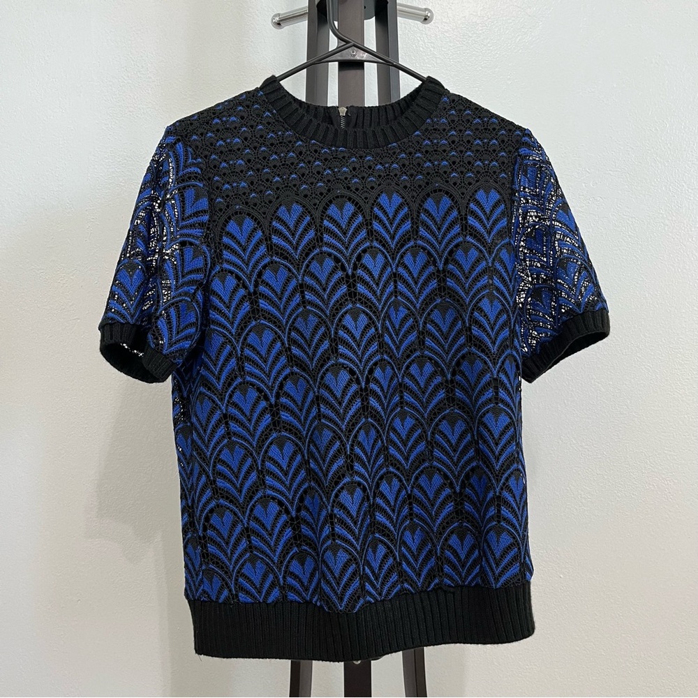 Anthropologie Daniel Rainn Black and Blue Lace Blouse Short Sleeve Top